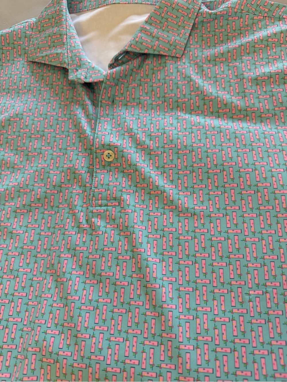 Men's Casual Button-up Shirt in Mint Green with Pink Print